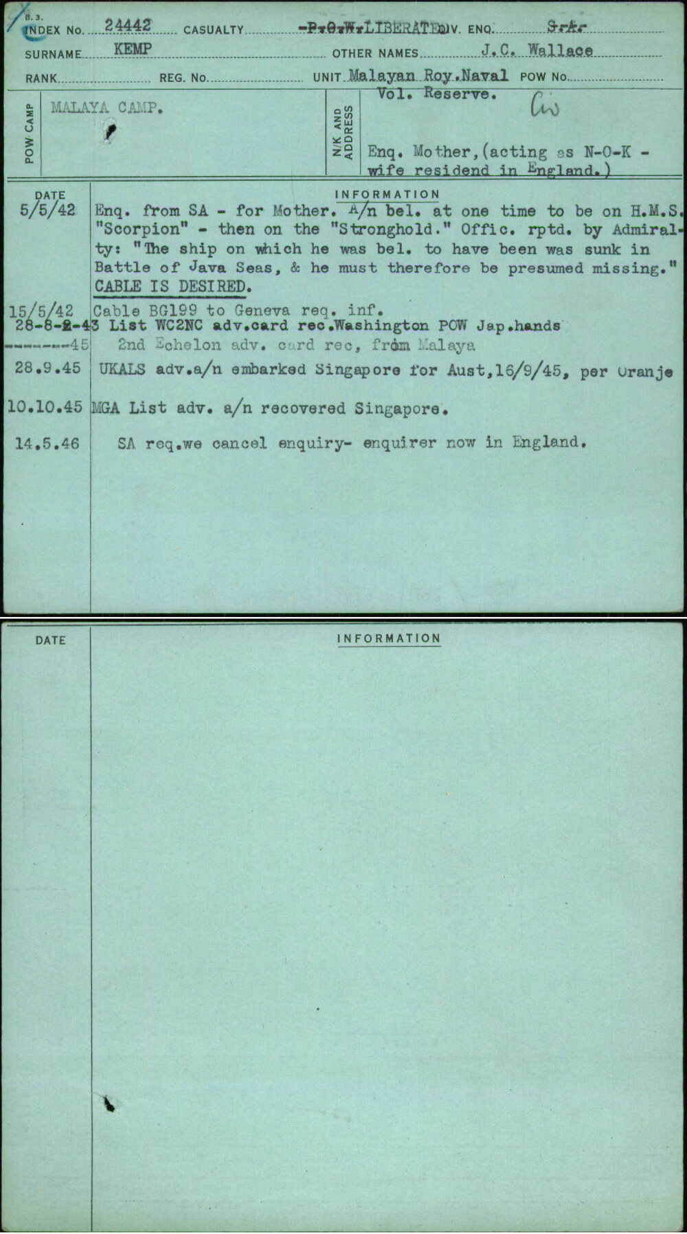 Kemp, J C Wallace, [No Service Number]