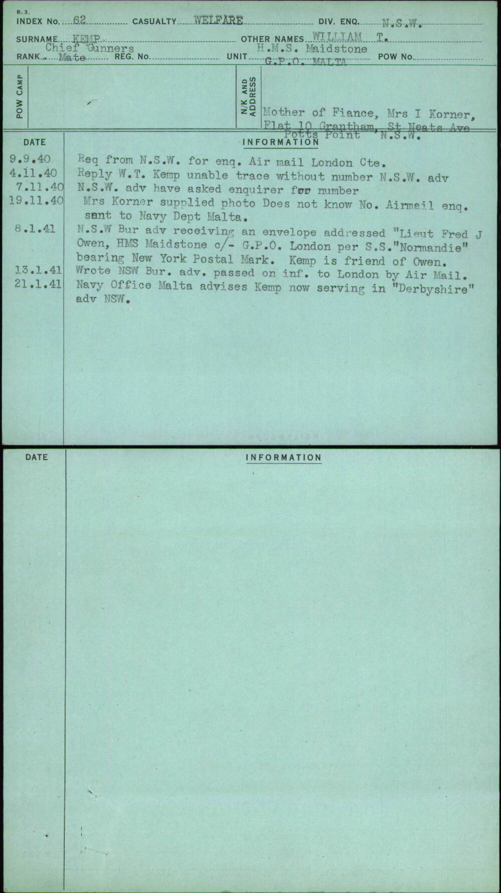 Kemp, William T, [No Service Number]