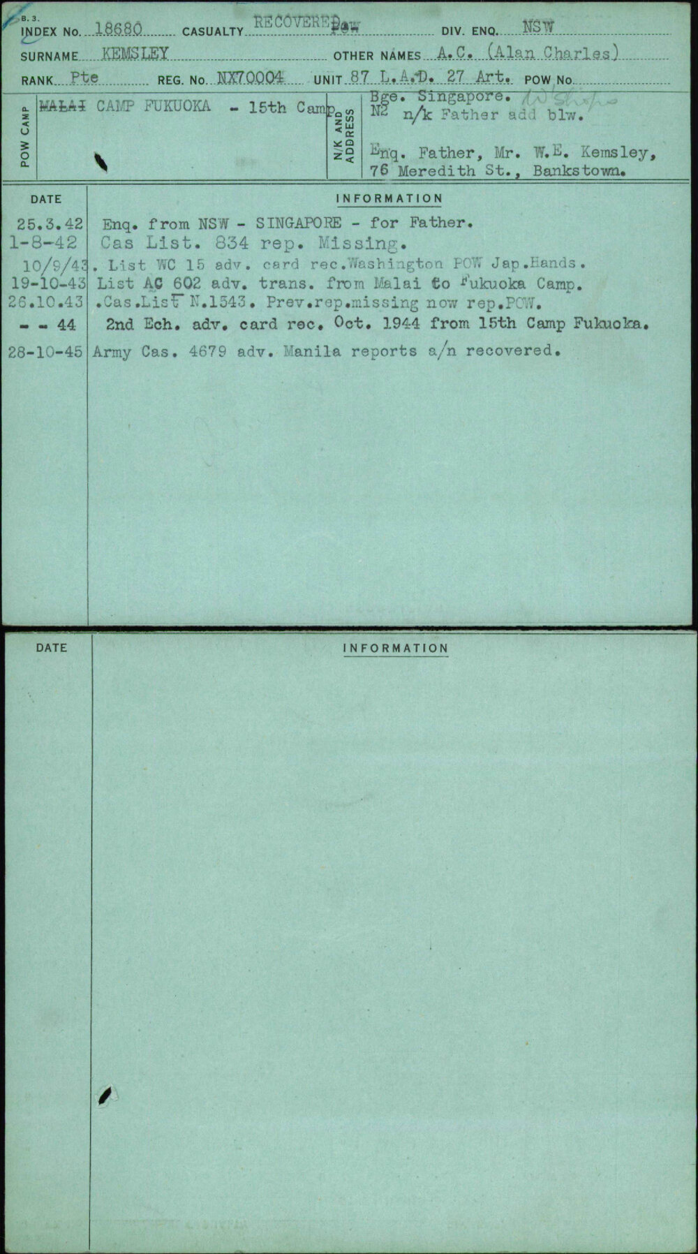 Kemsley, A C (Alan Charles), NX70004