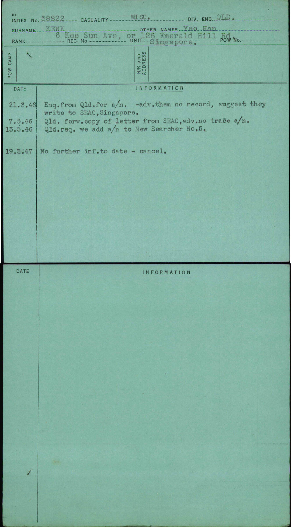 Kenk, Yeo Han, [No Service Number]