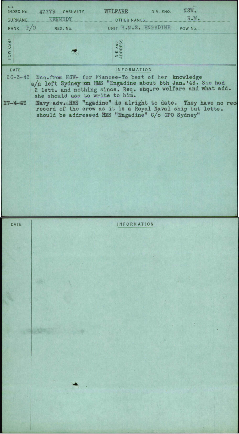 Kennedy, R M, [No Service Number]