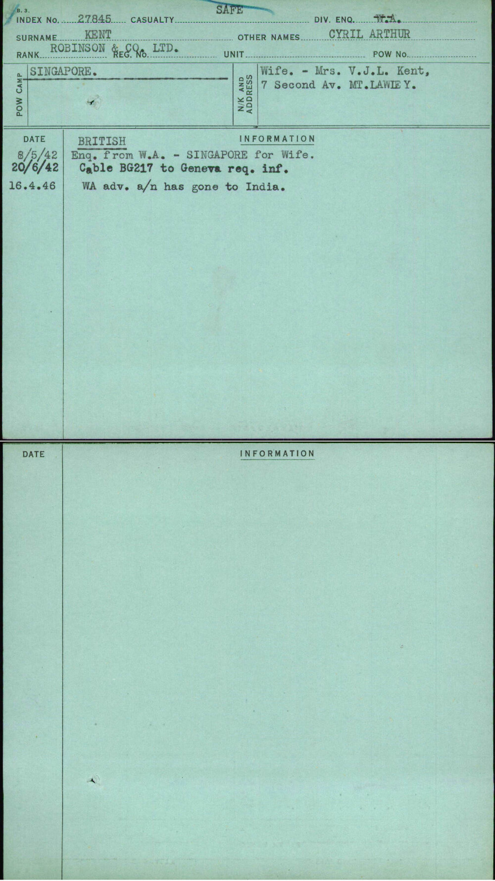 Kent, Cyril Arthur, [No Service Number]