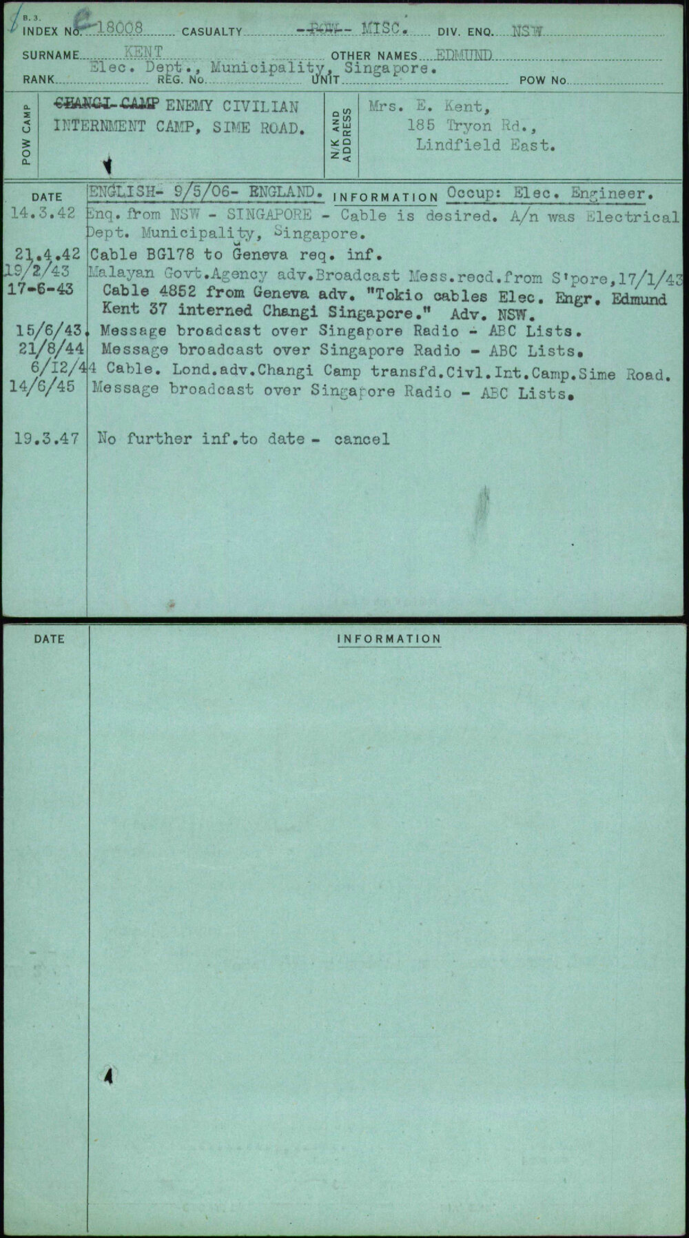 Kent, Edmund, [No Service Number]