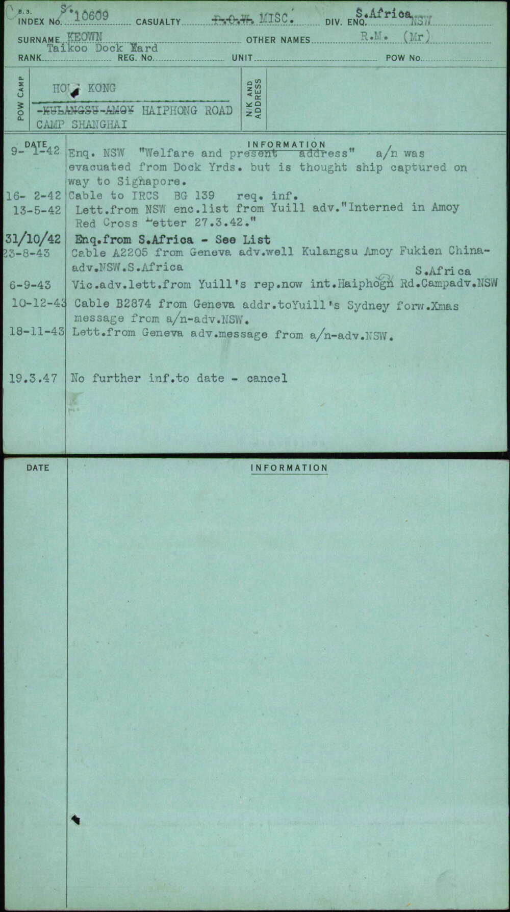 Keown, R M (Mr), [No Service Number]