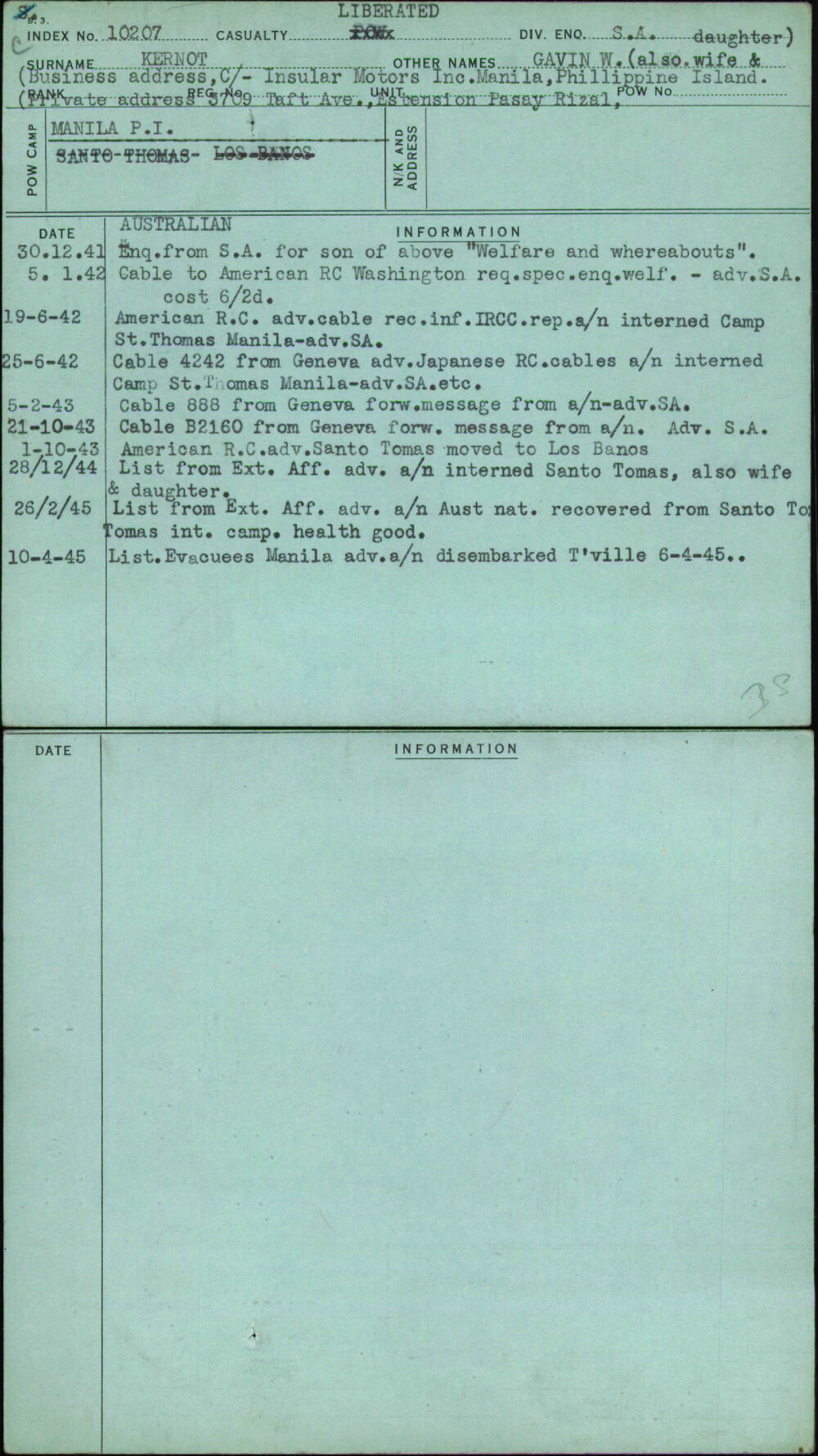 Kernot, Gavin W (Also Wife &amp; Daughter), [No Service Number]