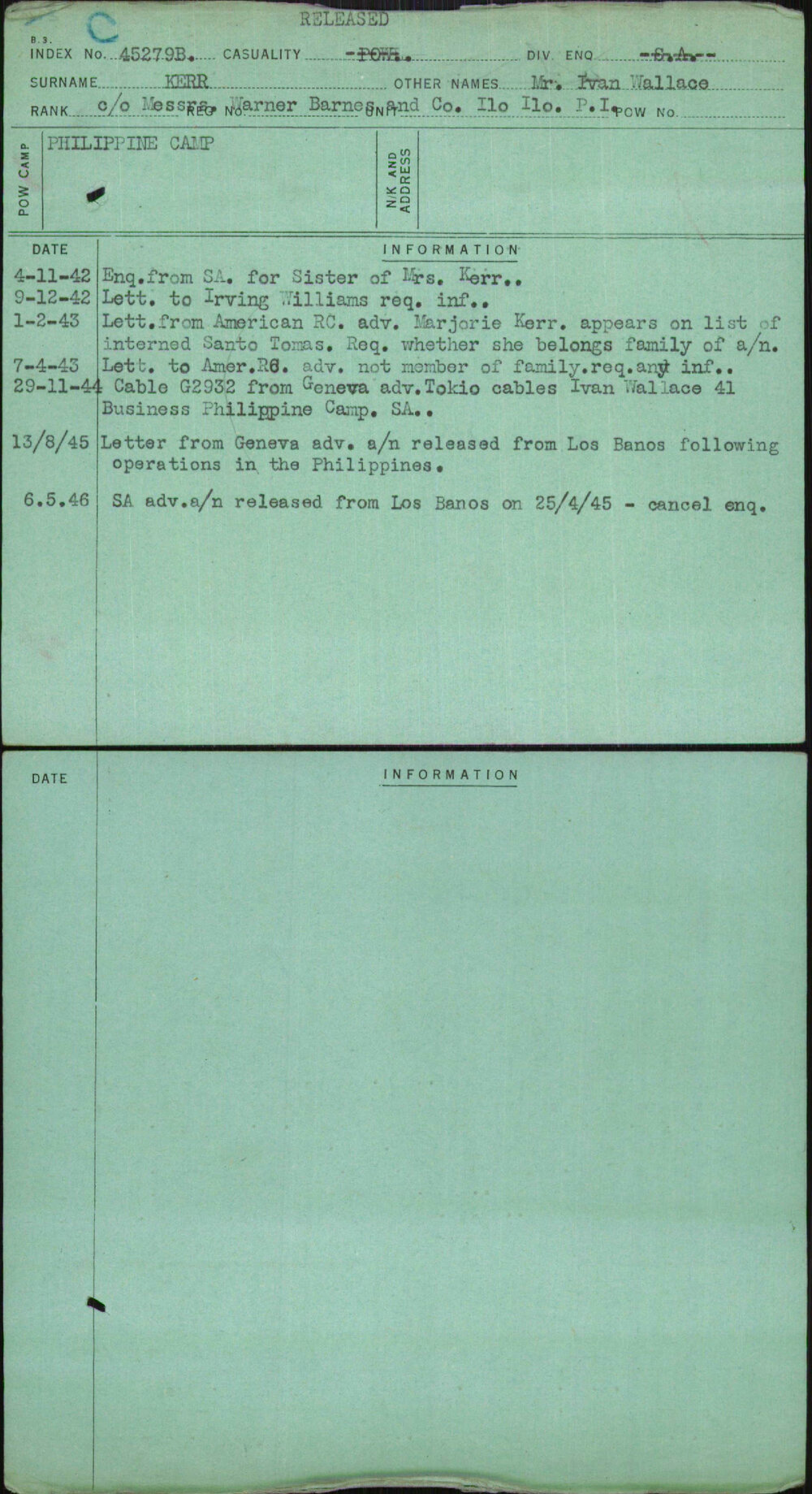 Kerr, Mr Ivan Wallace, [No Service Number]