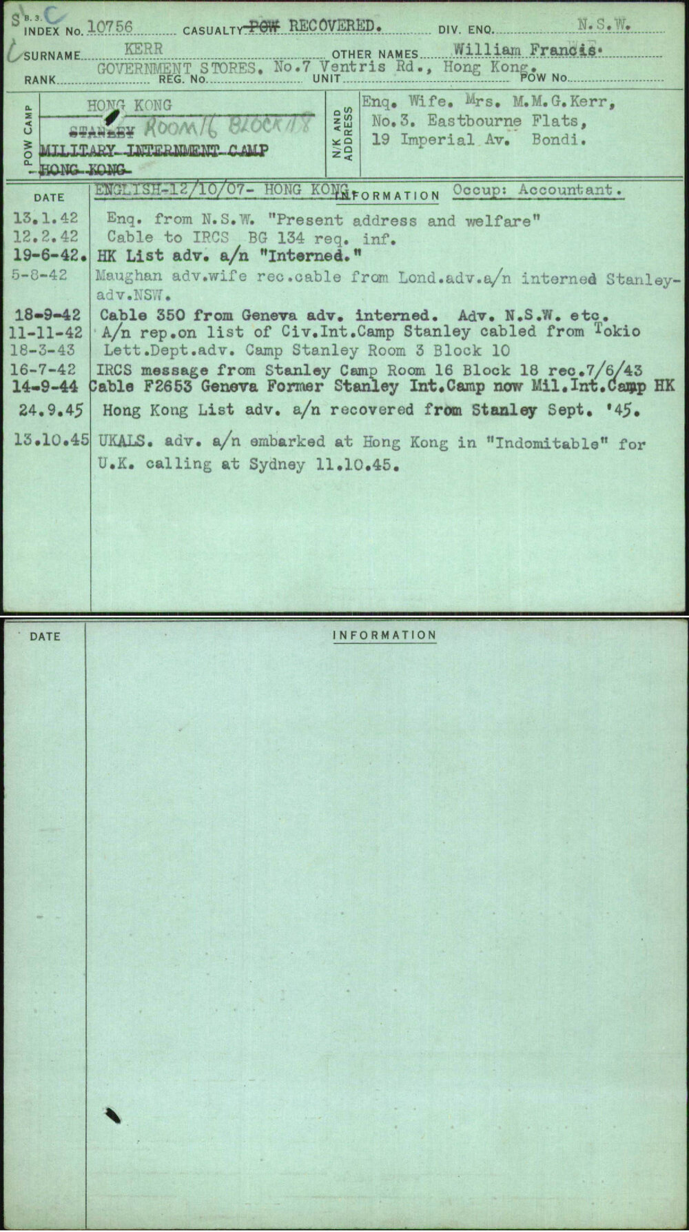 Kerr, William Francis, [No Service Number]