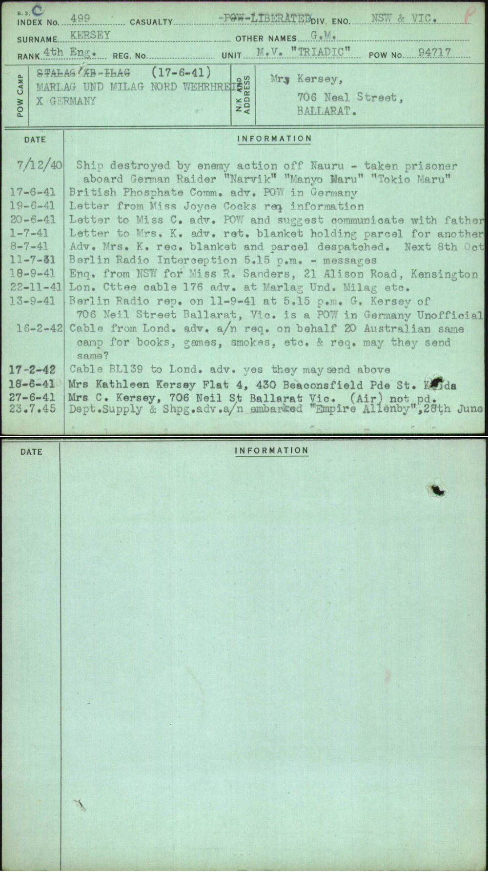 Kersey, G M, [No Service Number]