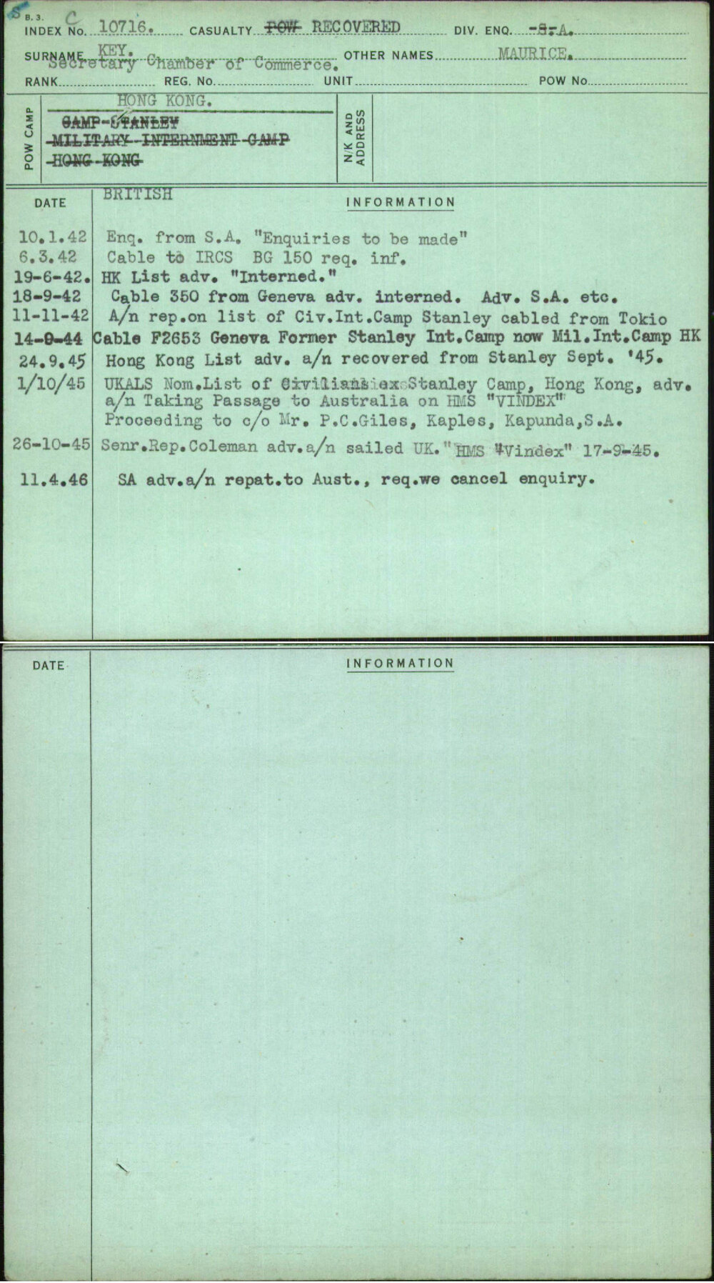 Key, Maurice, [No Service Number]