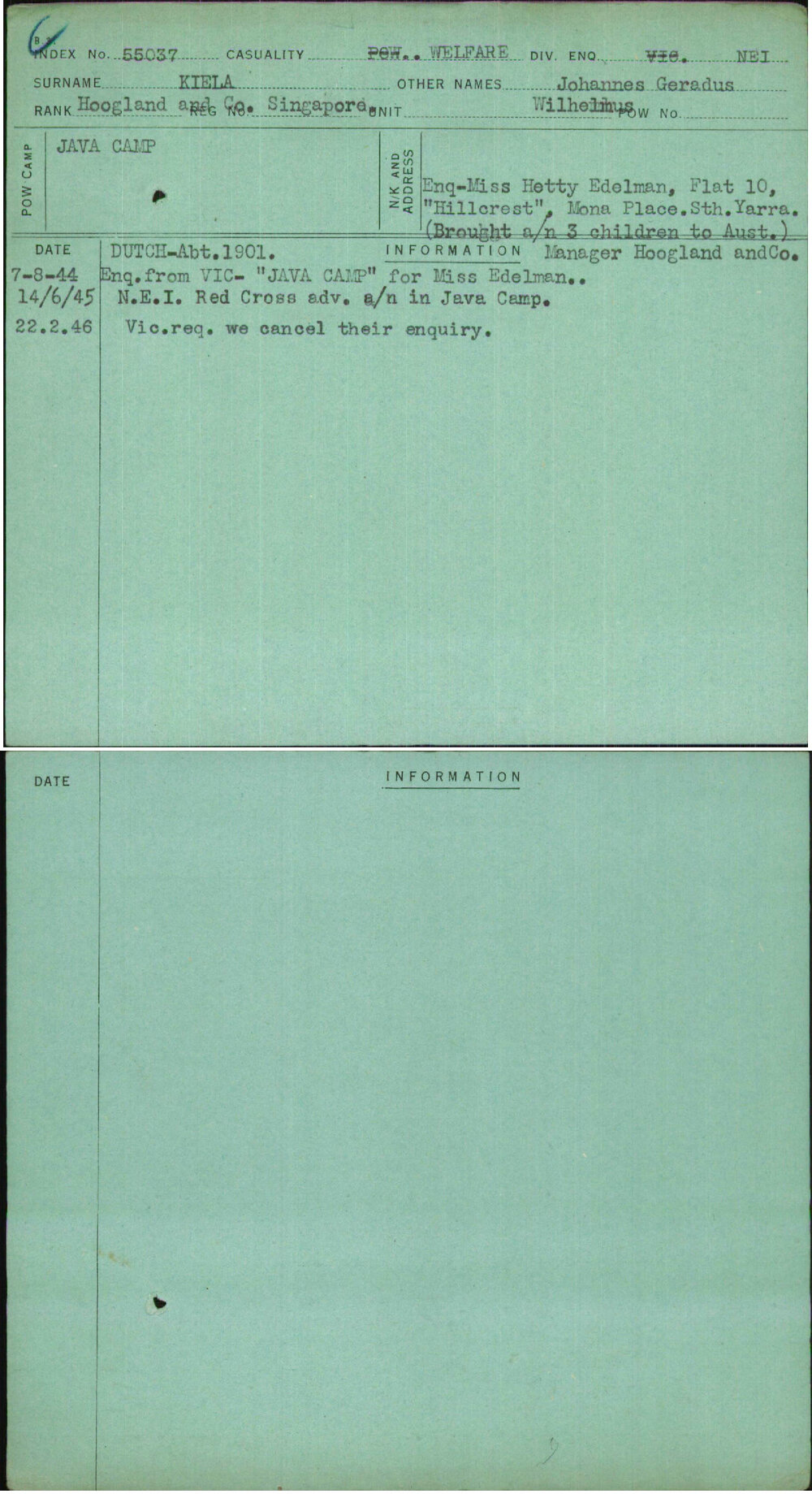 Kiela, Johannes Geradus Wilhelmus, Singapore