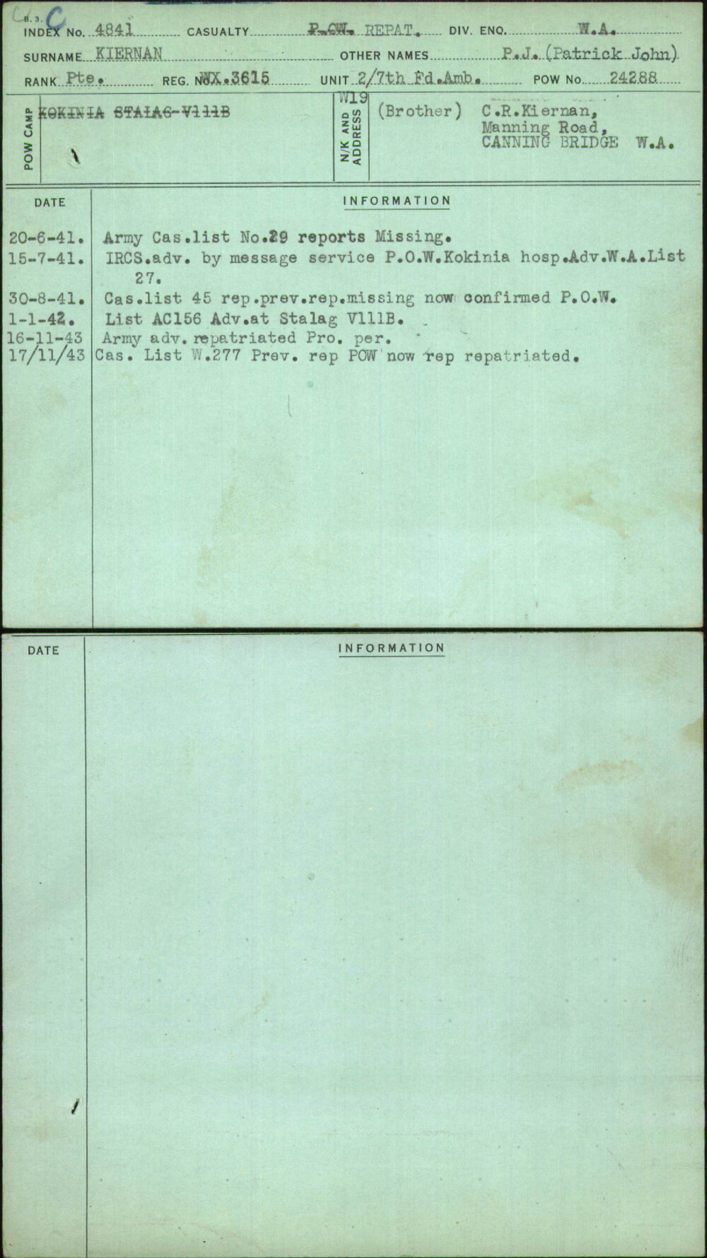 Kiernan, P J (Patrick John), WX3615
