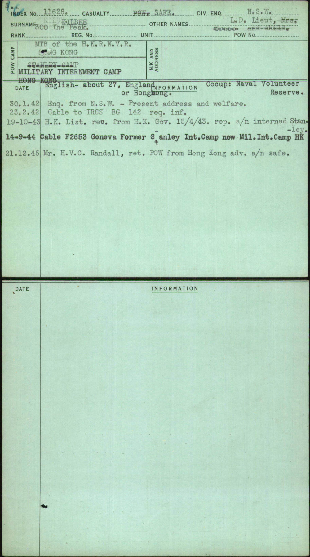 Kilbee, L D Lieut, [No Service Number]