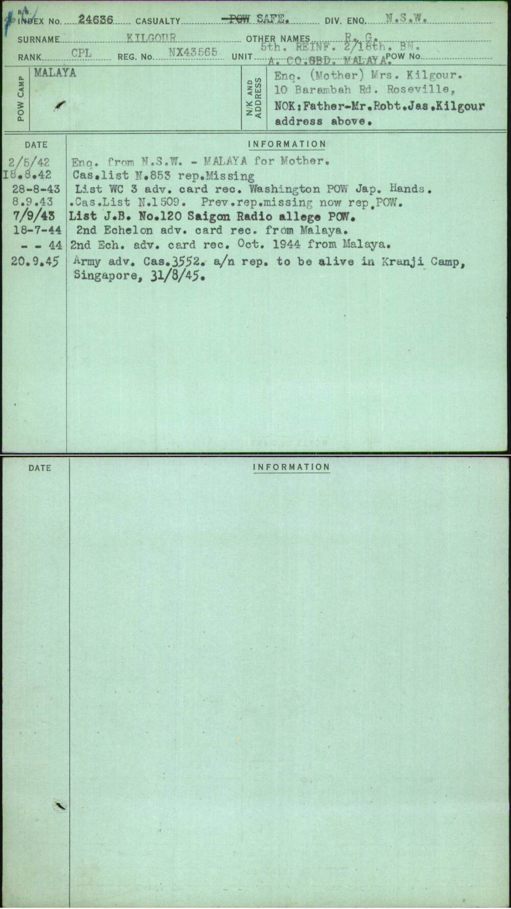 Kilgour, R G, NX43565