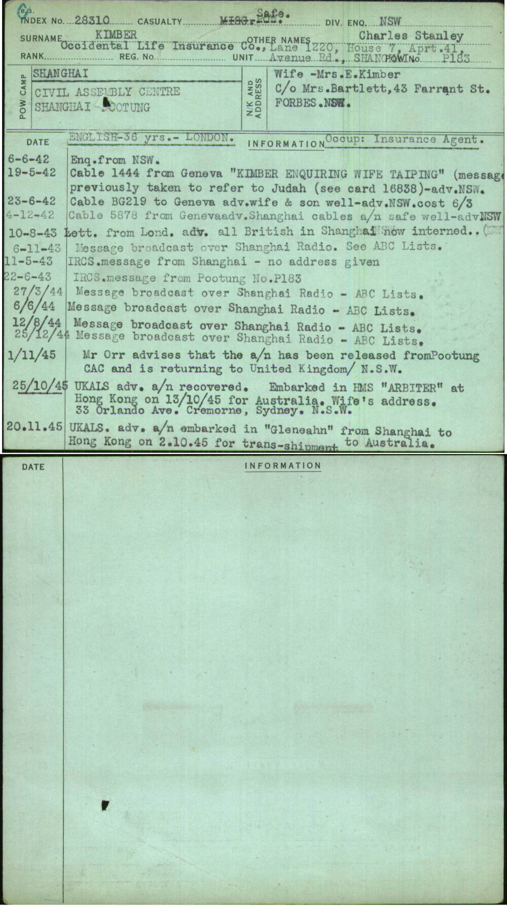 Kimber, Charles Stanley, [No Service Number]