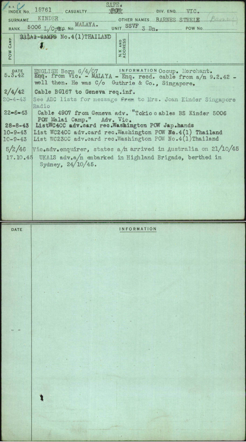 Kinder, Barnes Steele, Malaya