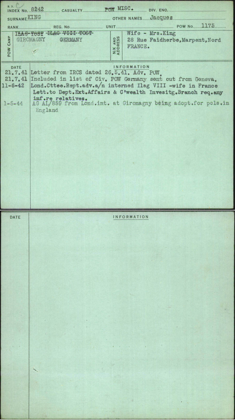 King, Jacques, [No Service Number]