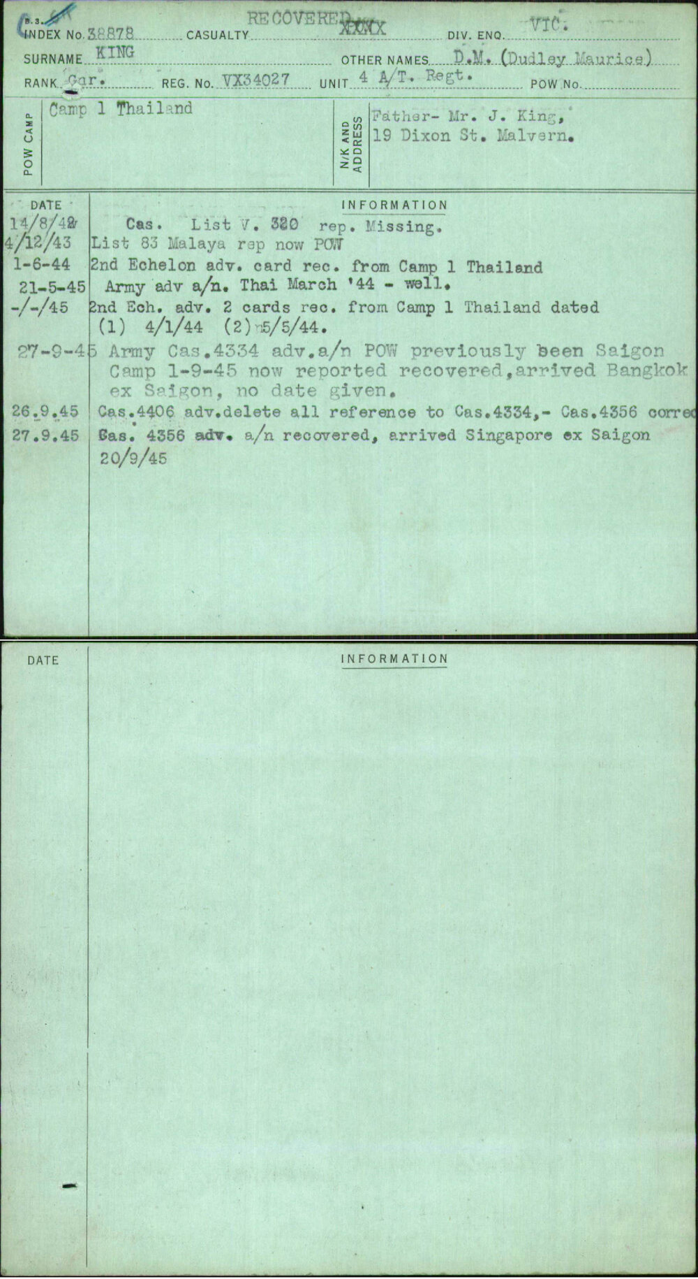 King, D M (Dudley Maurice), VX34027