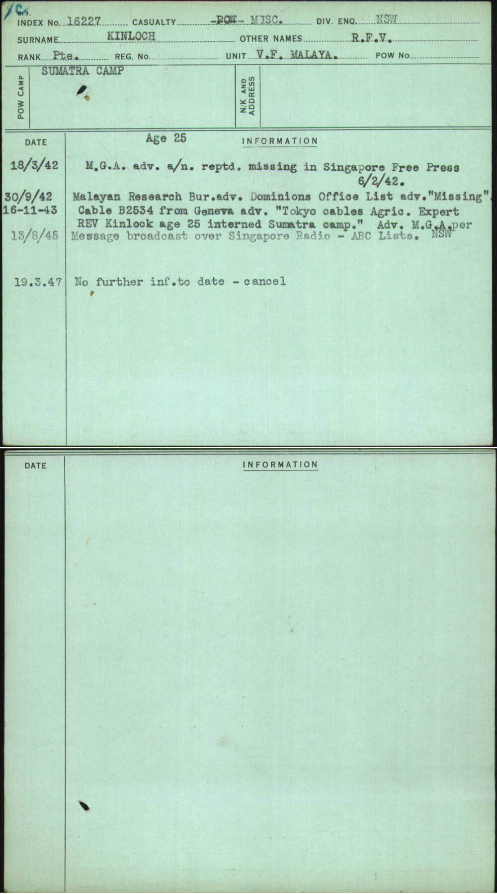 Kinloch, R F V, [No Service Number]