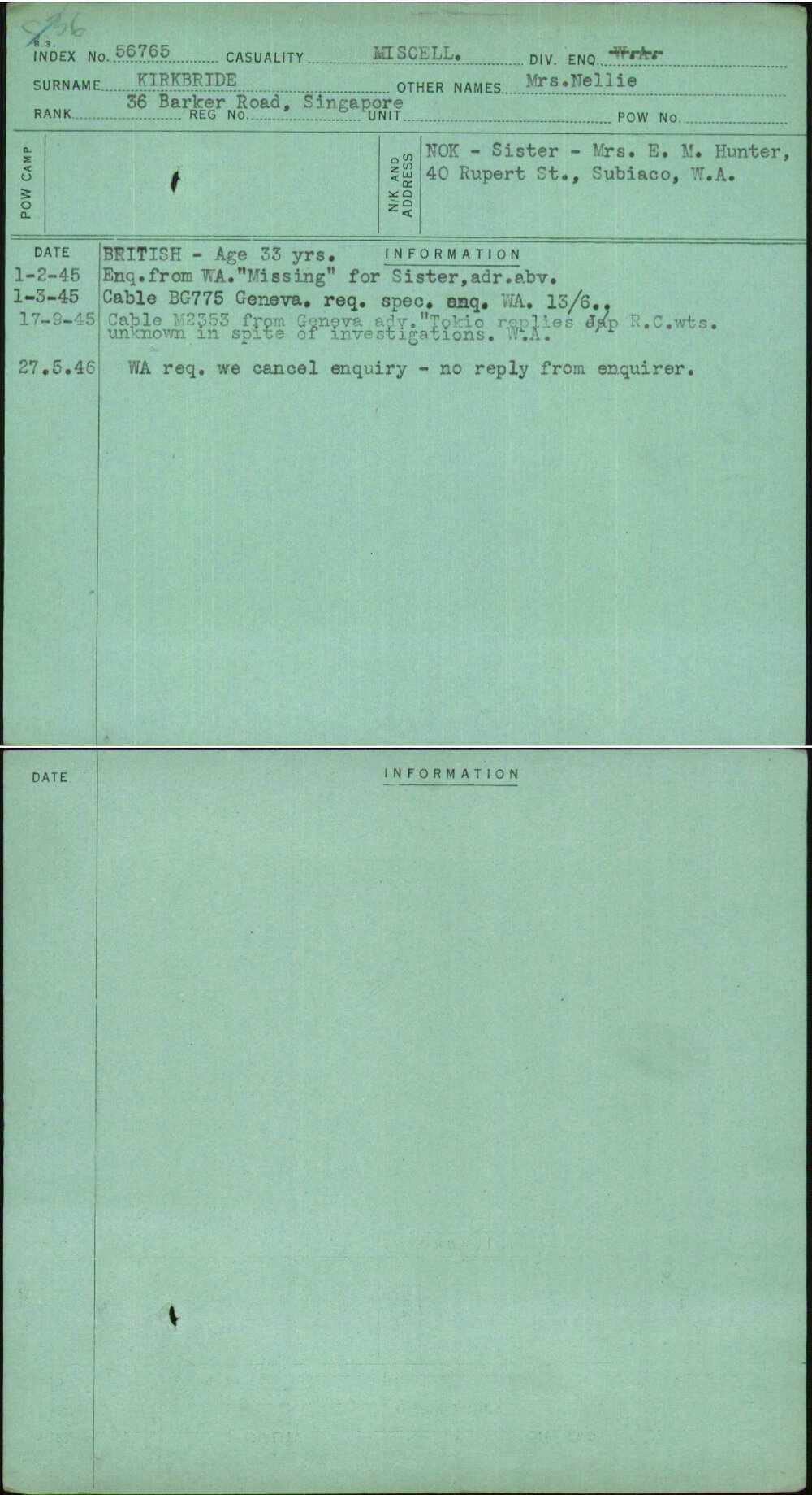 Kirkbride, Mrs Nellie, [No Service Number]