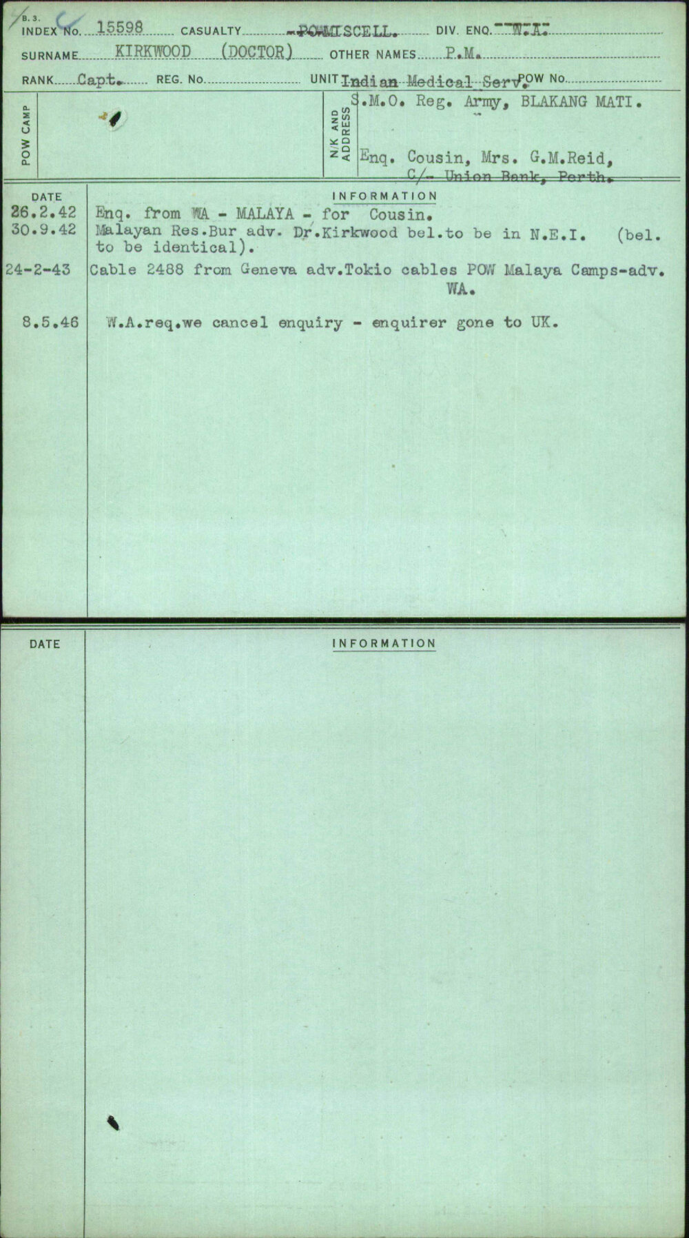 Kirkwood (Doctor), P M, [No Service Number]