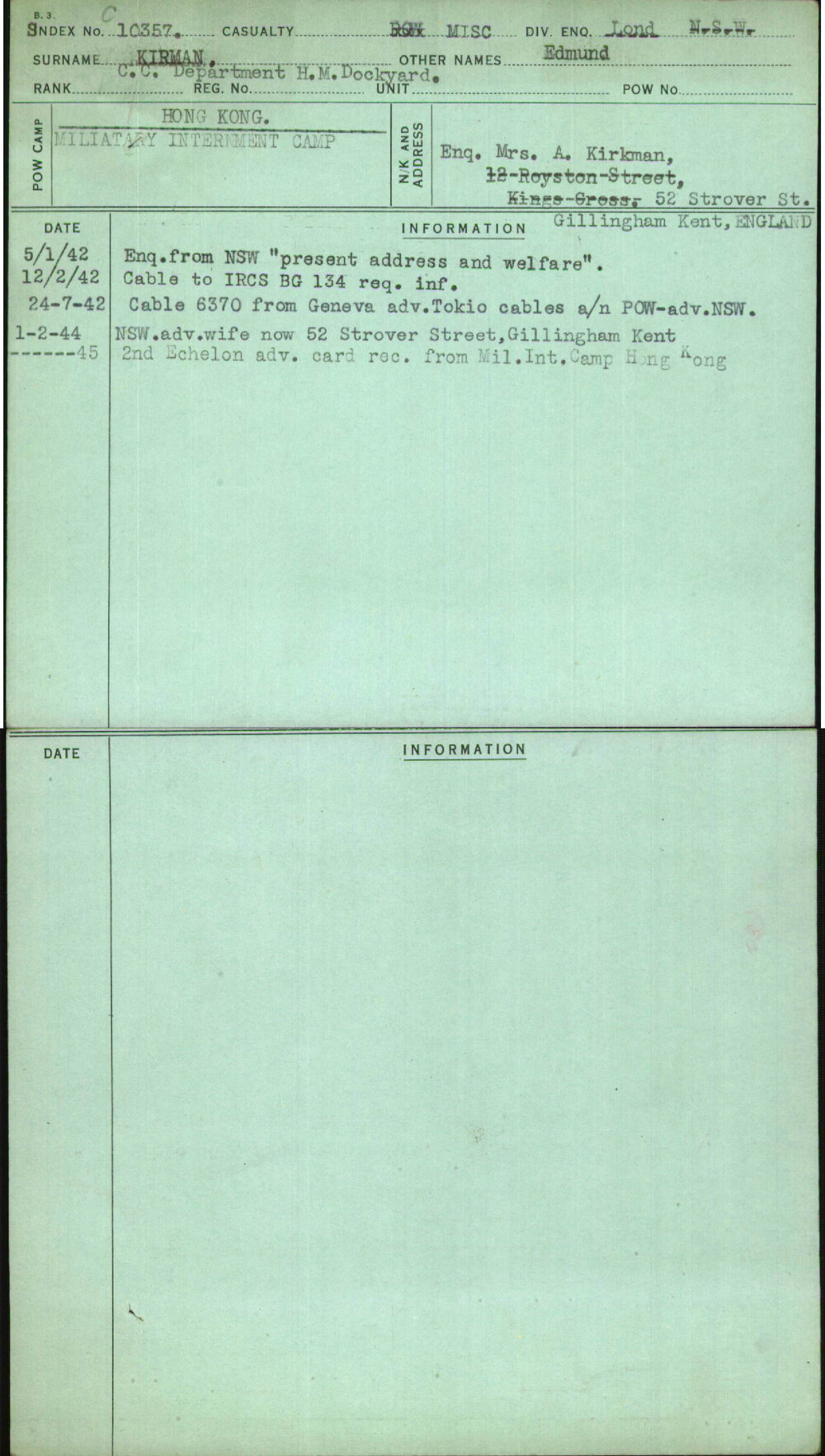 Kirman, Edmund, [No Service Number]