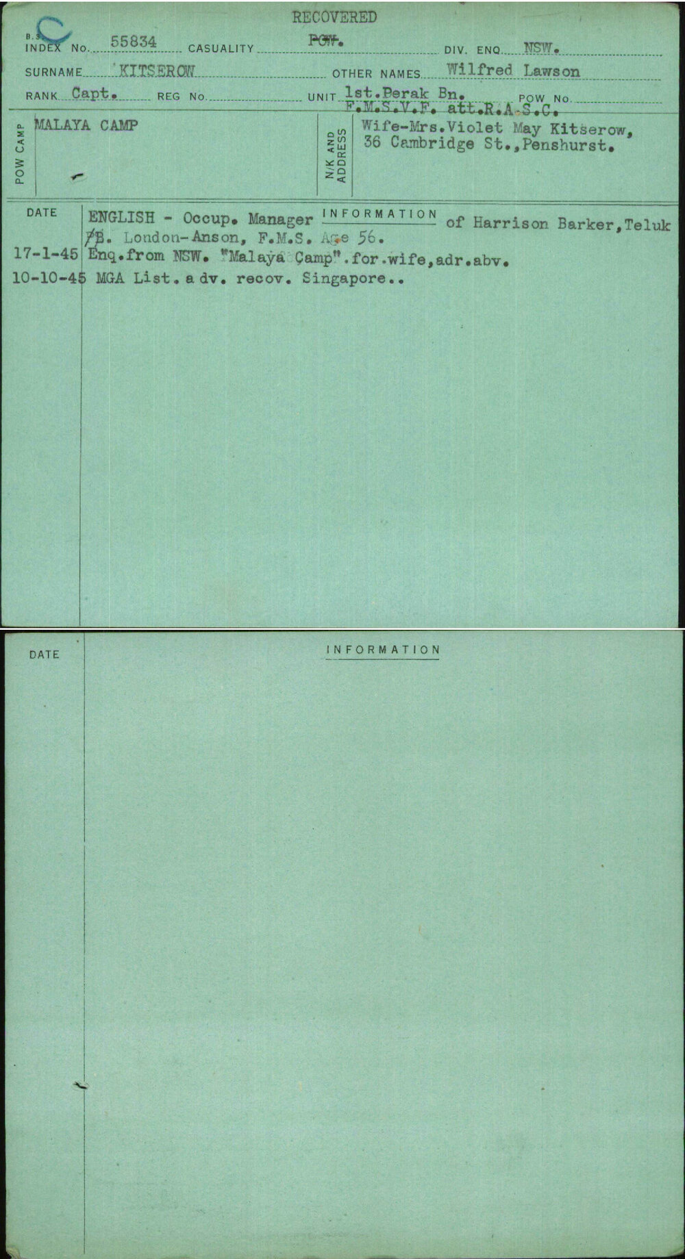 Kitserow, Wilfred Lawson, [No Service Number]