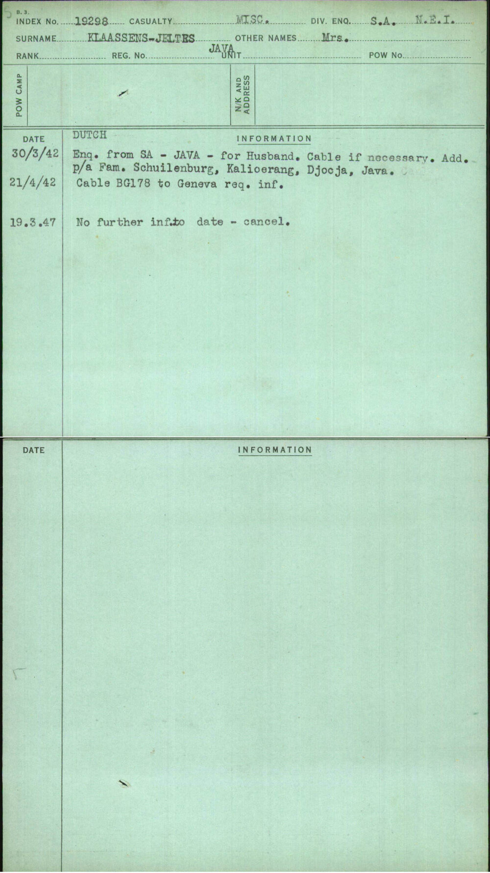 Klaassens-Jeltes, Mrs, [No Service Number]