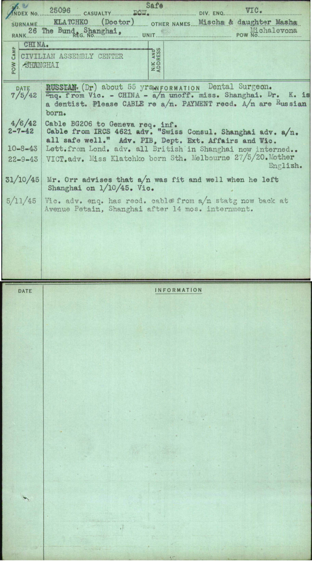 Klatchko (Doctor), Mischa &amp; Daughter Masha Michalevona, [No Service Number]