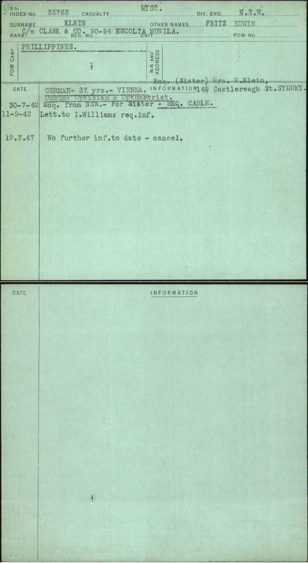 Klein, Fritz Edwin, [No Service Number]