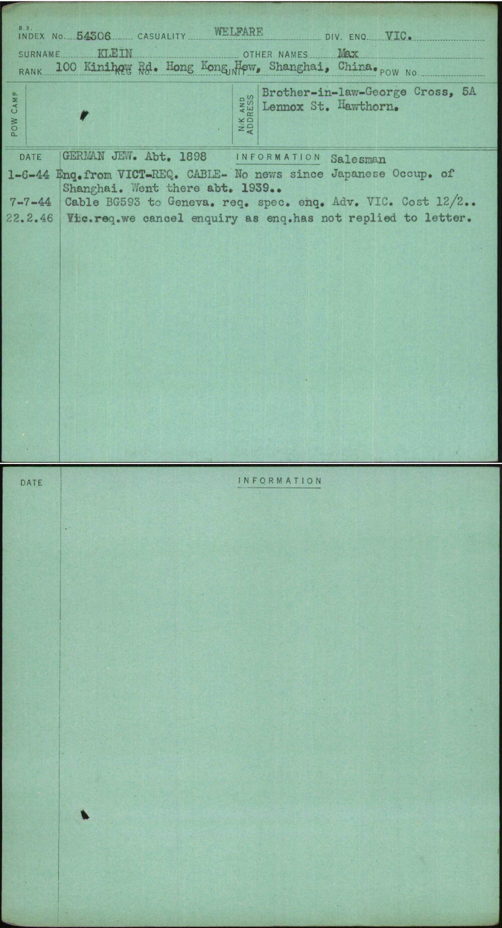 Klein, Max, [No Service Number]