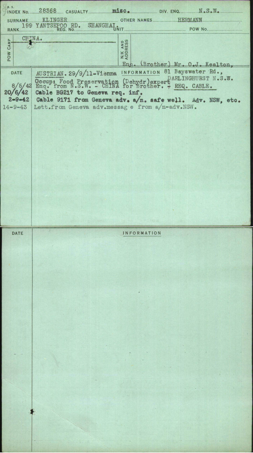 Klinger, Hermann, [No Service Number]