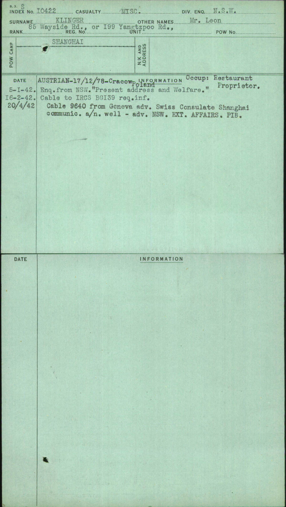Klinger, Mr Leon, [No Service Number]