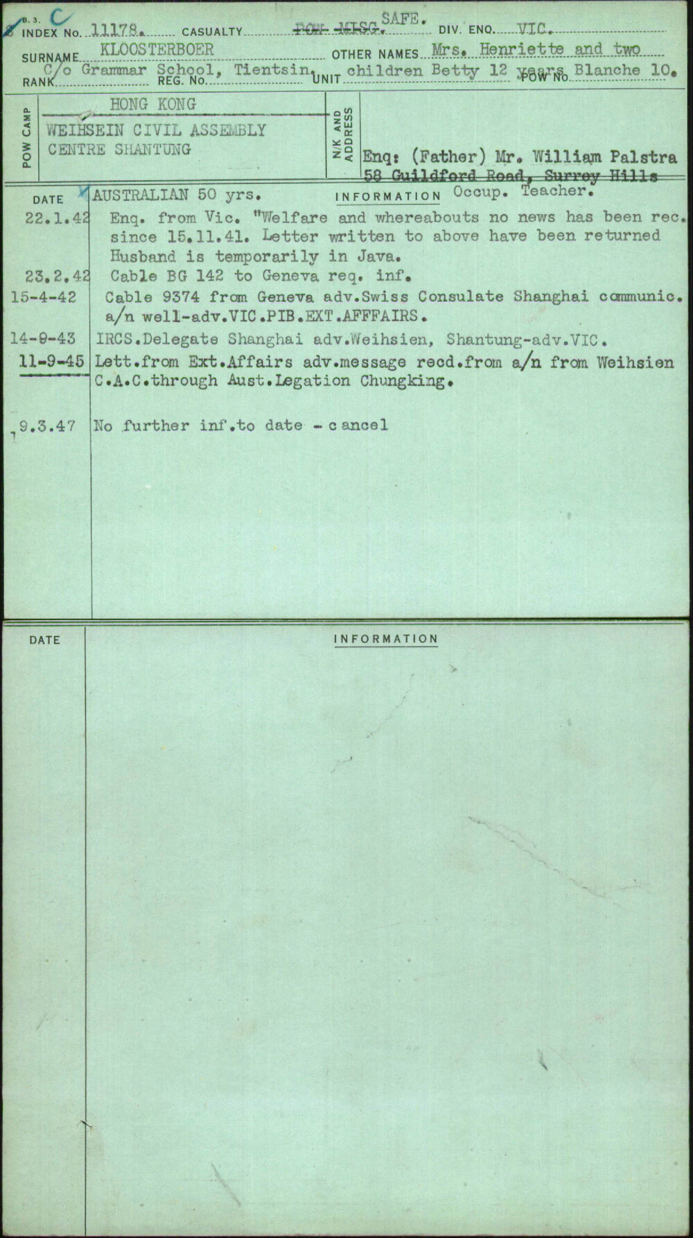 Kloosterboer, Mrs Henriette And Two Children Betty 12 Years Blanche 10, [No Service Number]