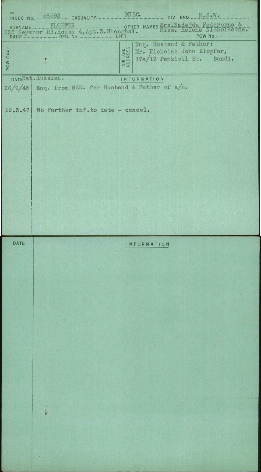 Klopfer, Mrs Nadejda Fedorovna &amp; Miss Helena Nicholaevna, [No Service Number]