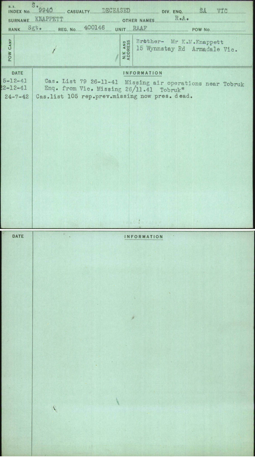 Knappett, R A, 400146