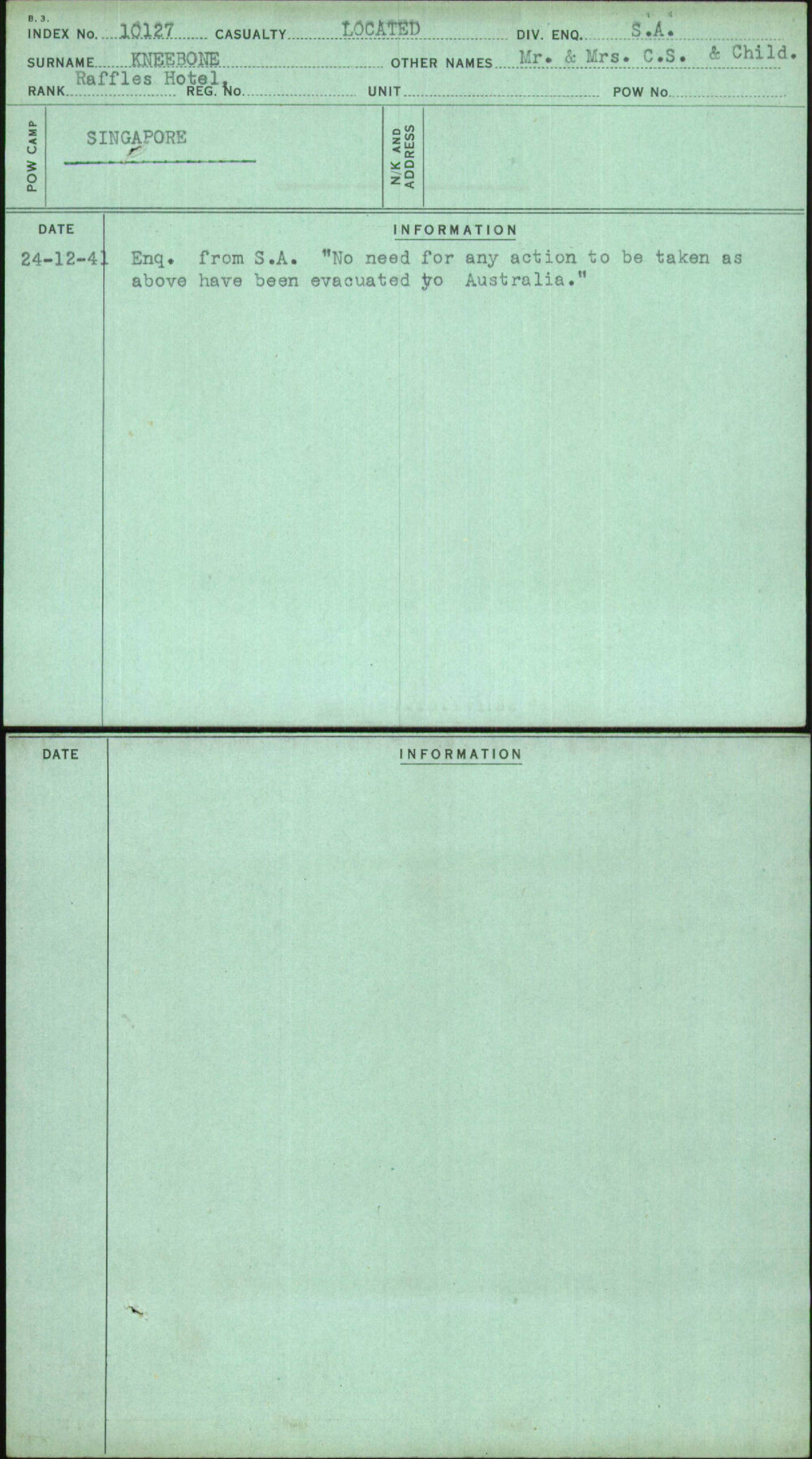 Kneebone, Mr &amp; Mrs C S &amp; Child, [No Service Number]