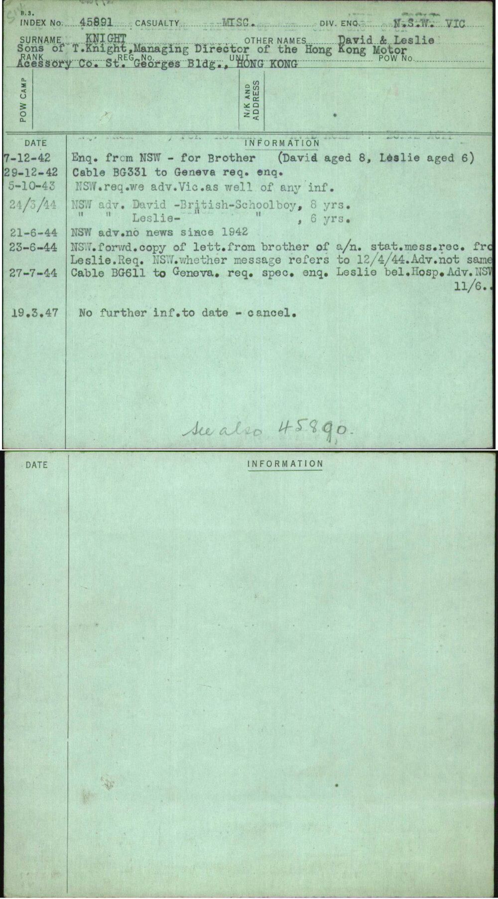 Knight, David &amp; Leslie, [No Service Number]