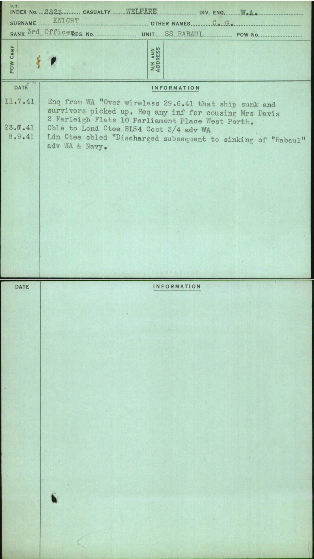 Knight, C G, [No Service Number]