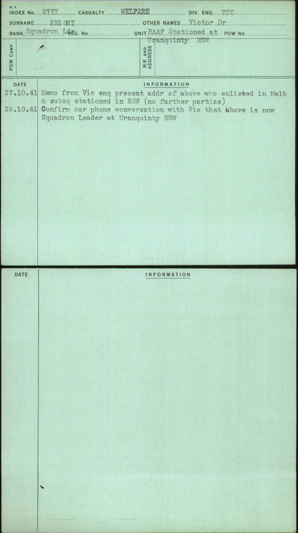 Knight, Victor Dr, [No Service Number]