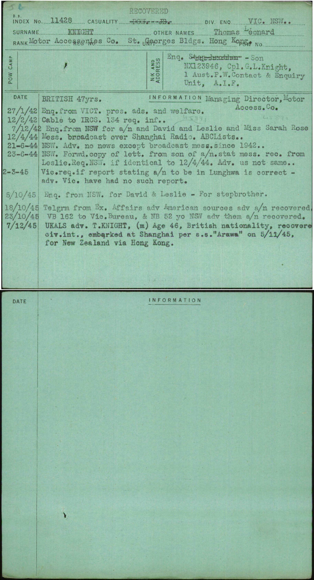 Knight, Thomas Leonard, [No Service Number]