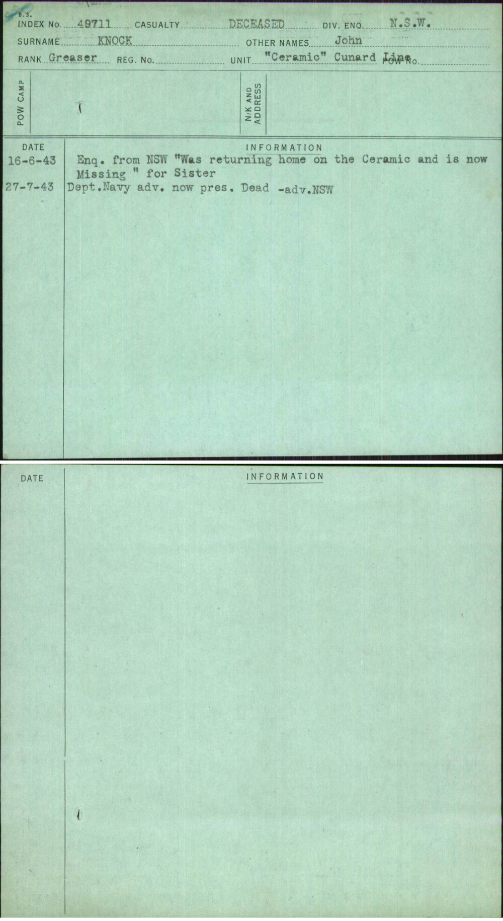 Knock, John, [No Service Number]