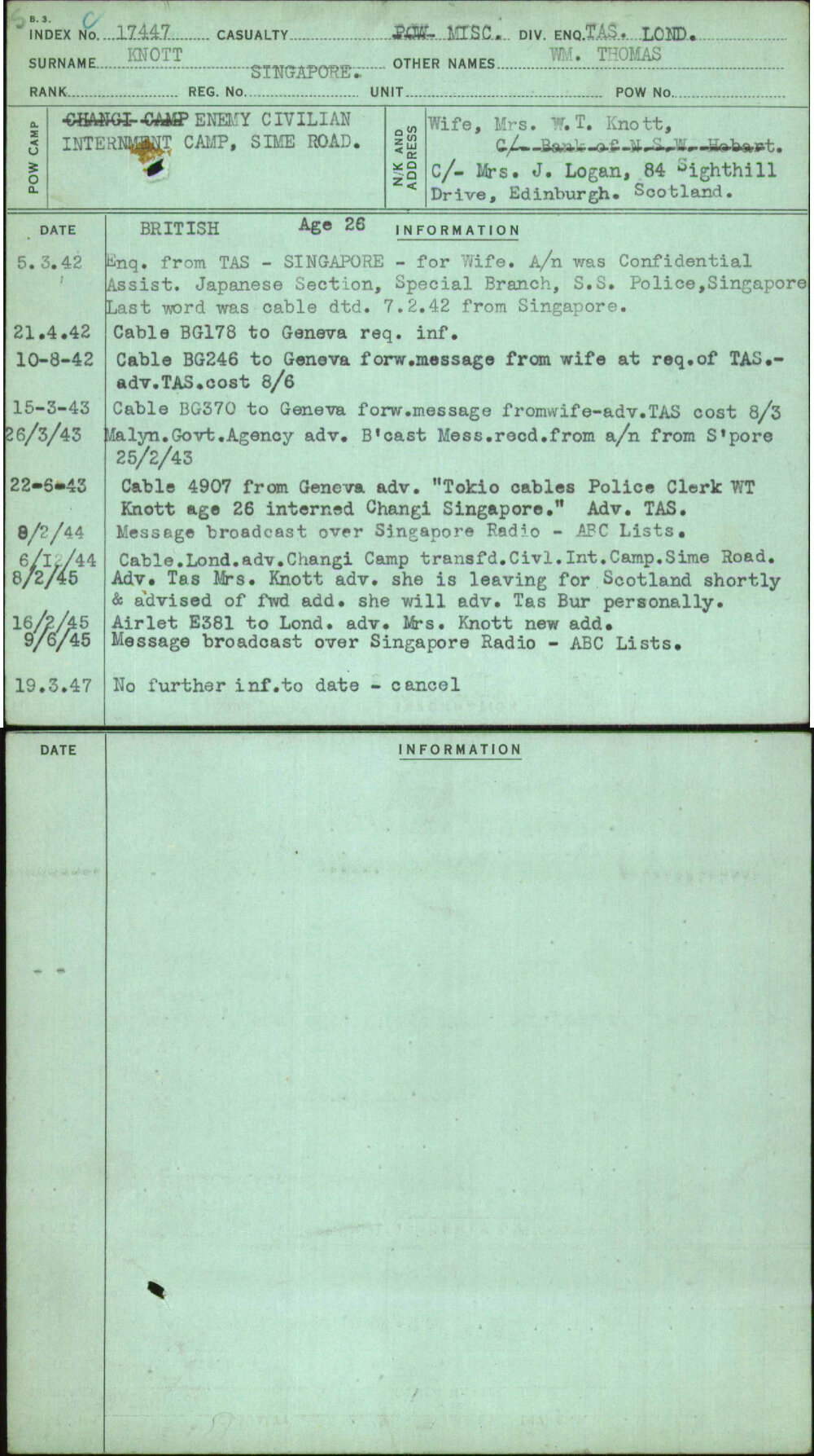 Knott, Wm Thomas, [No Service Number]