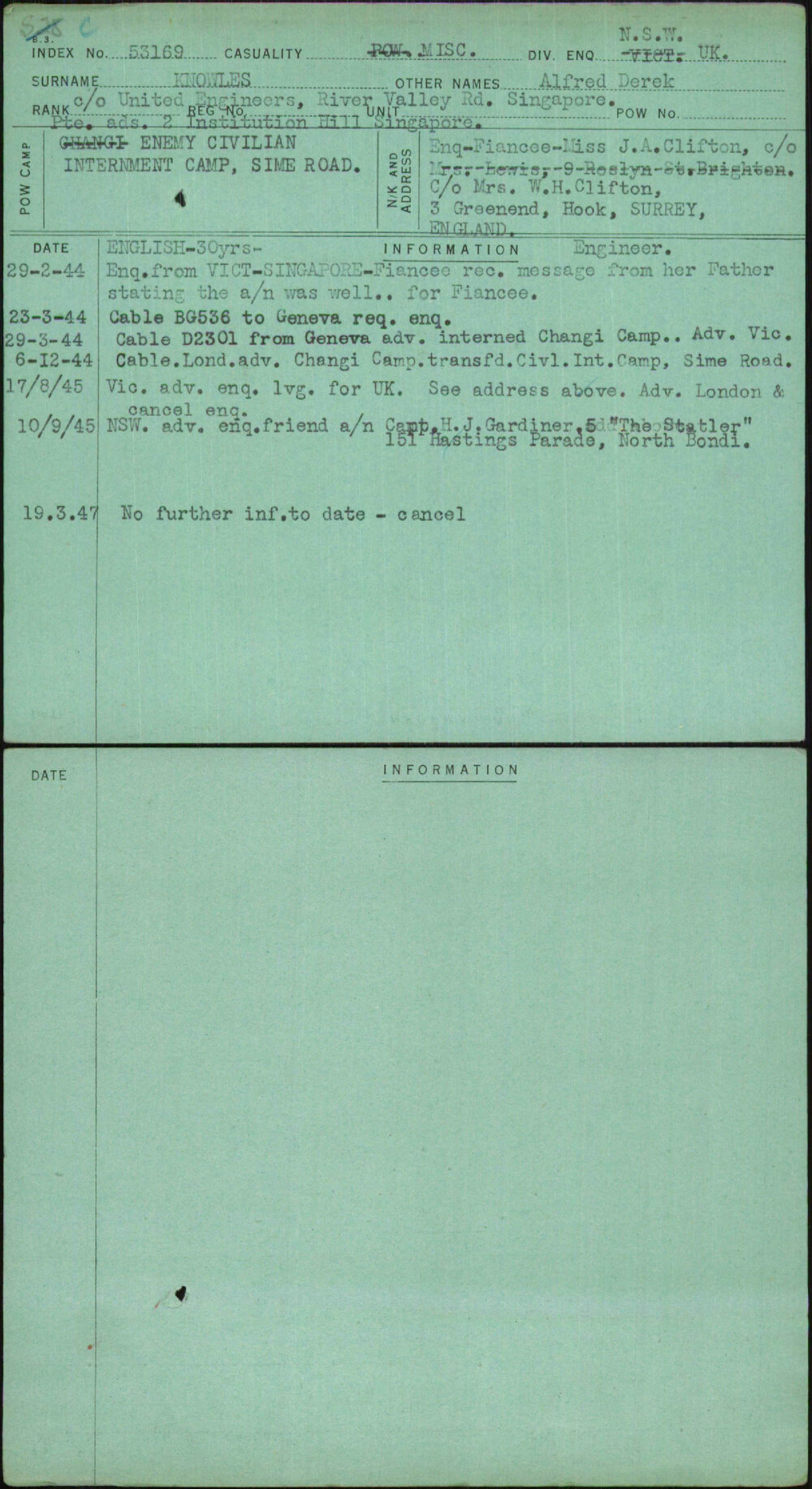 Knowles, Alfred Derek, [No Service Number]