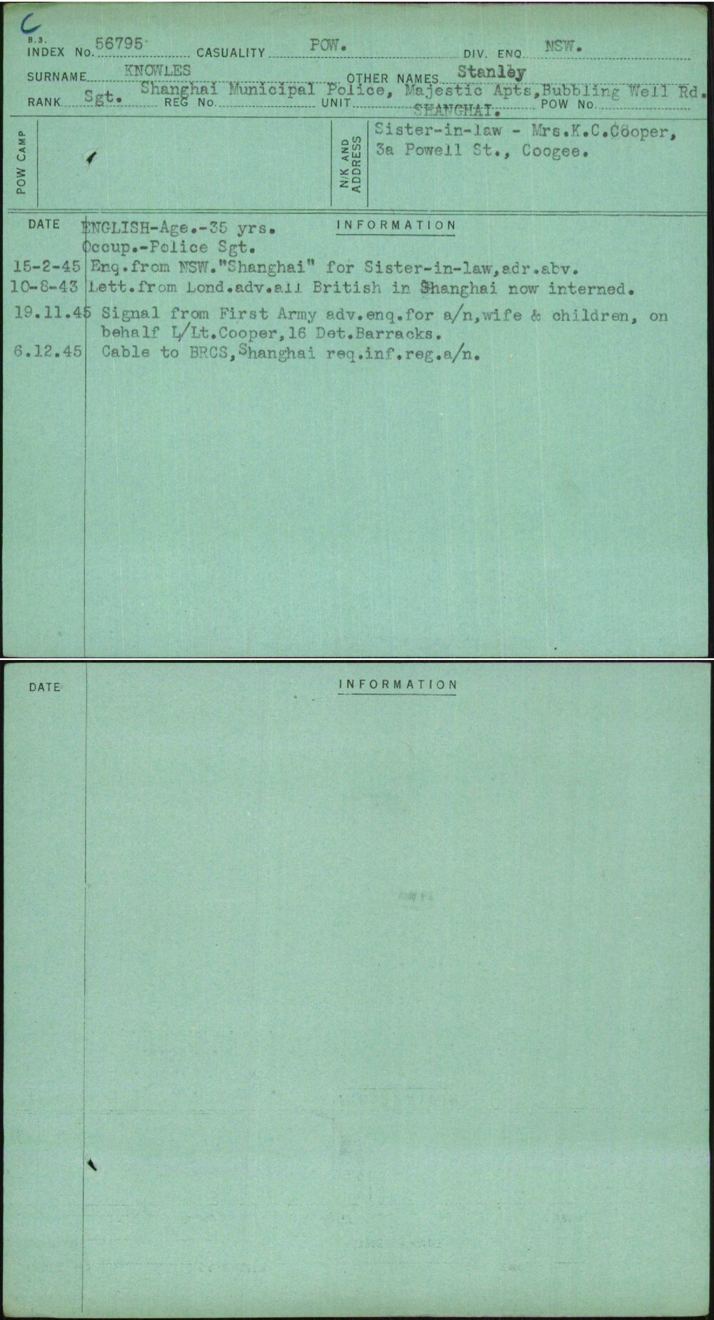Knowles, Stanley, [No Service Number]