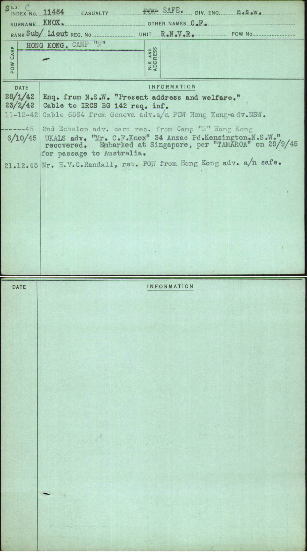 Knox, C F, [No Service Number]