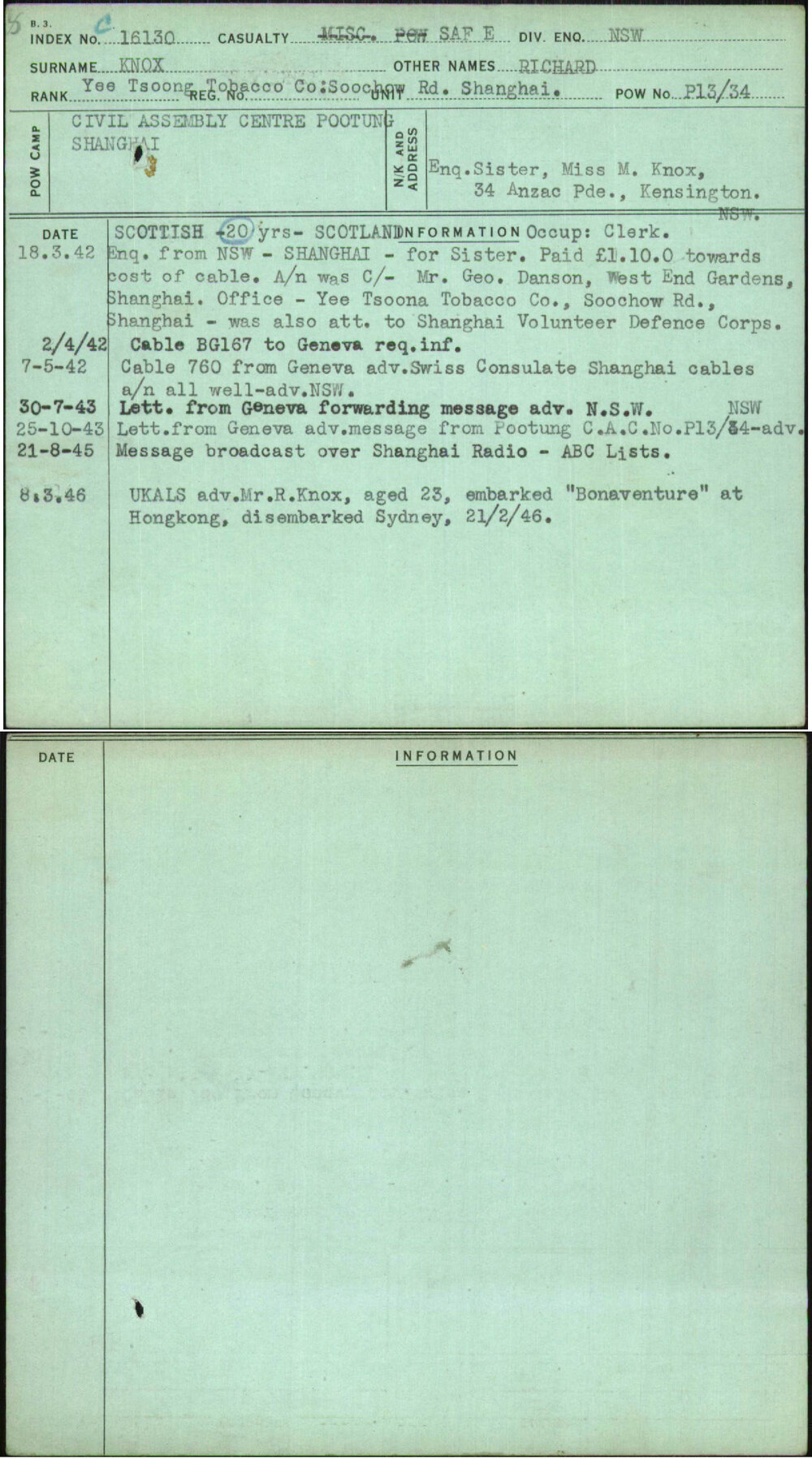 Knox, Richard, [No Service Number]