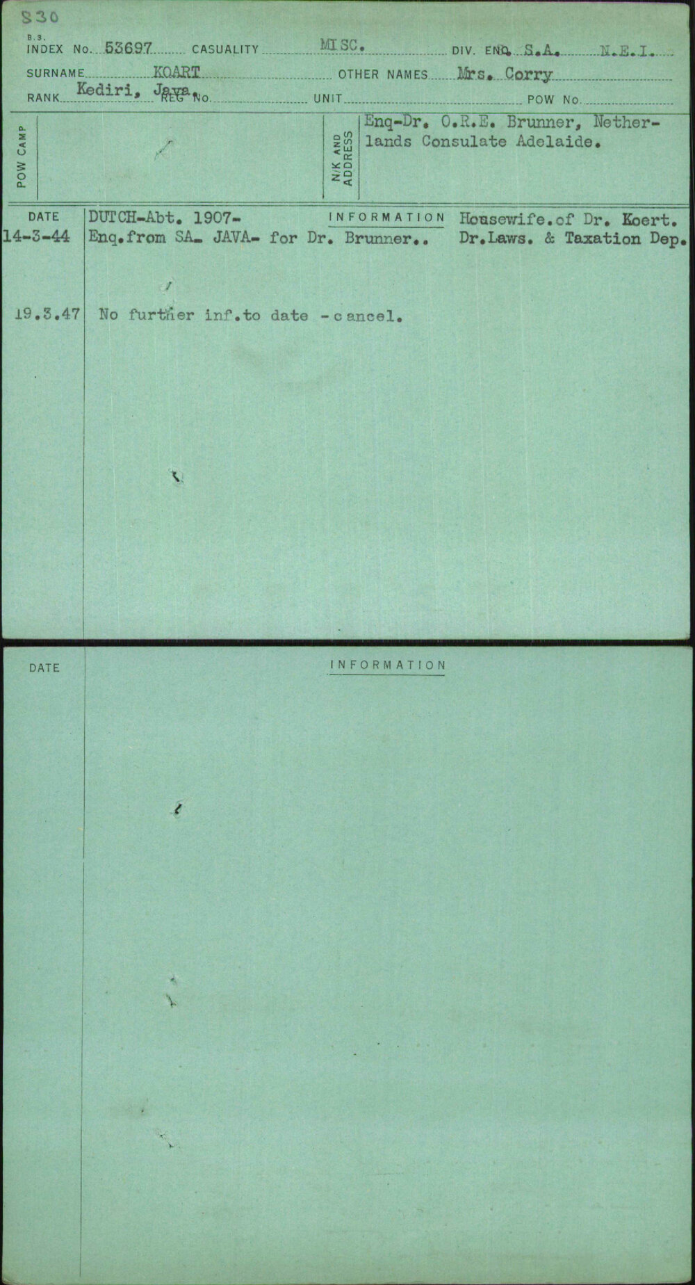 Koart, Mrs Corry, [No Service Number]