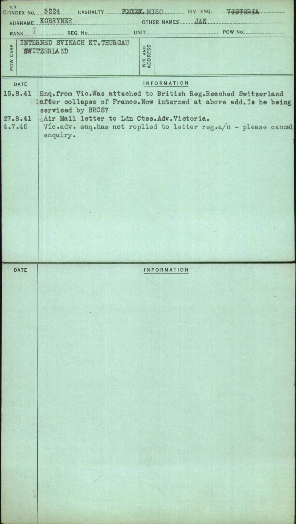 Kobryner, Jan, [No Service Number]