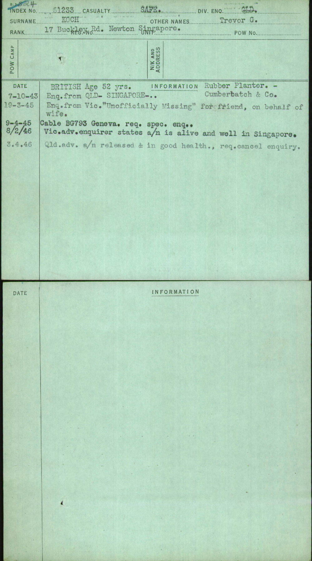 Koch, Trevor G, [No Service Number]