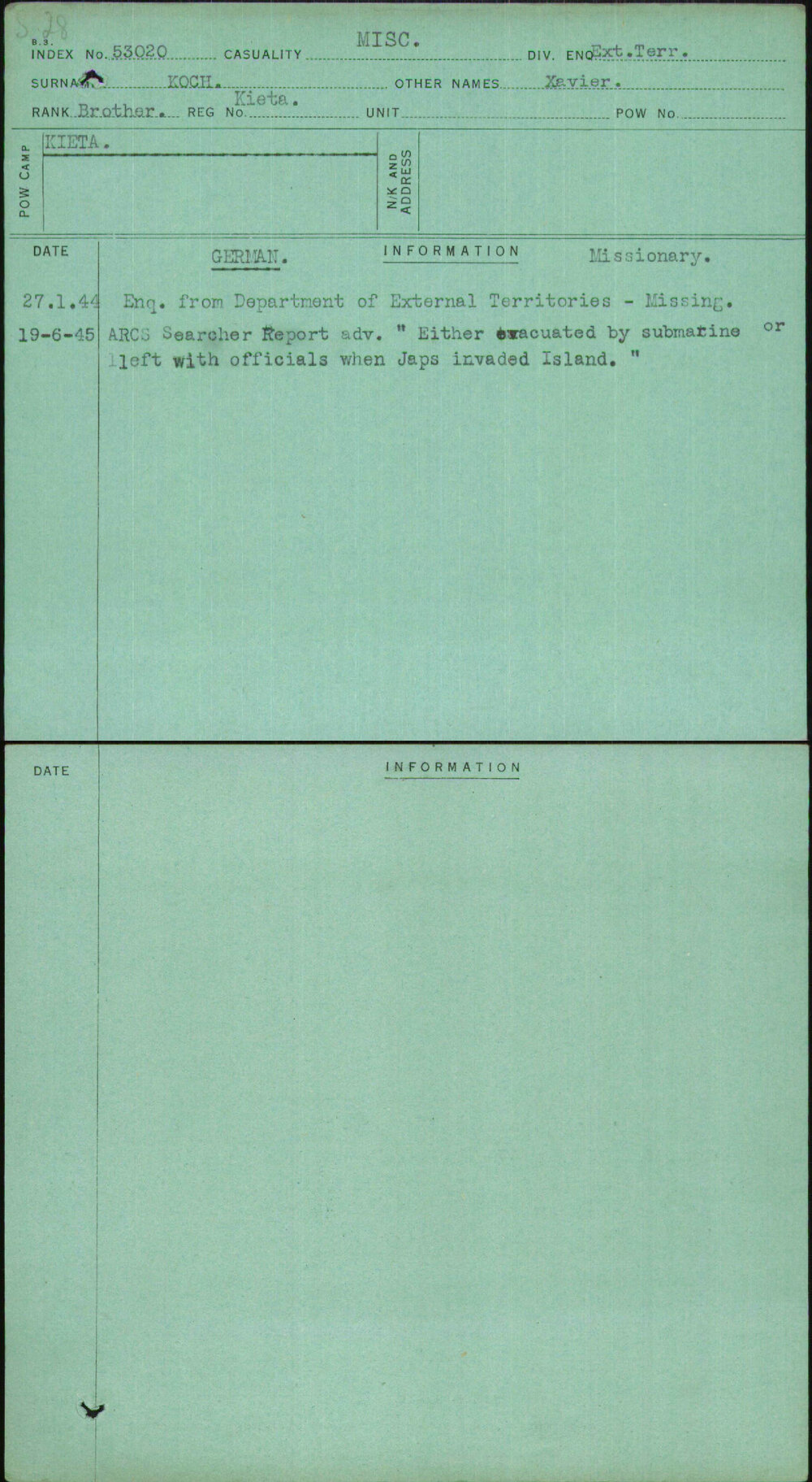 Koch, Xavier, [No Service Number]